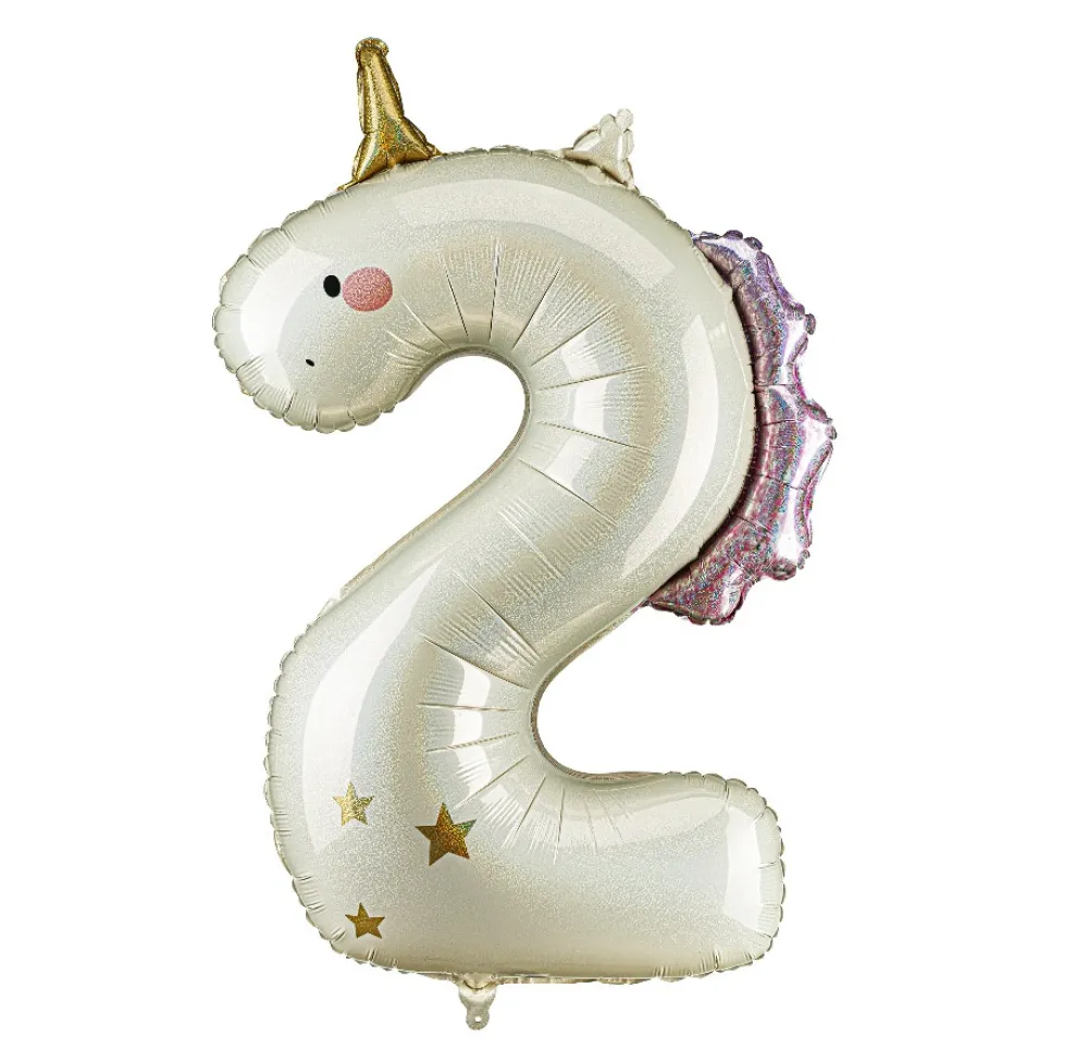 PartyDeco Balon foliowy Cyfra 2 Jednorożec - kremowy holo 93 cm