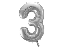 PartyDeco Balon foliowy cyfra 3 - srebrny, 86 cm > Balony Foliowe