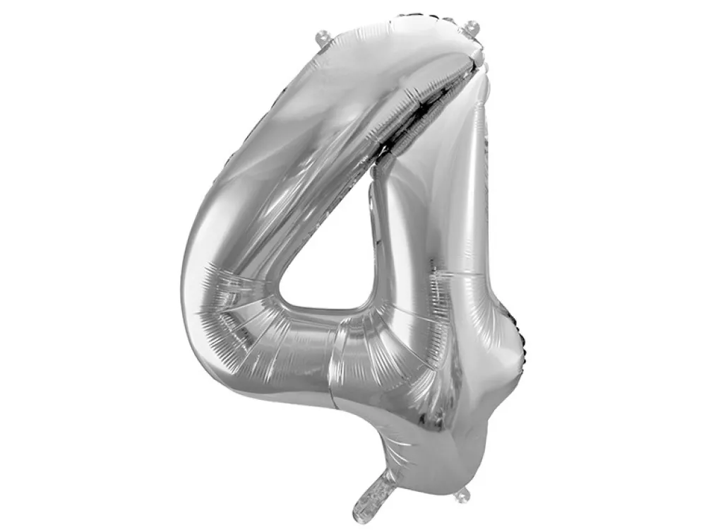PartyDeco Balon foliowy cyfra 4 - srebrny, 86 cm > Balony Foliowe