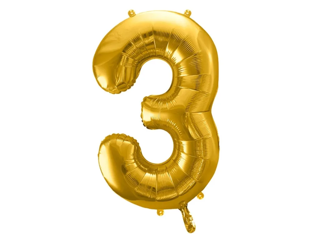 PartyDeco Balon foliowy cyfra 3 - złoty, 86 cm