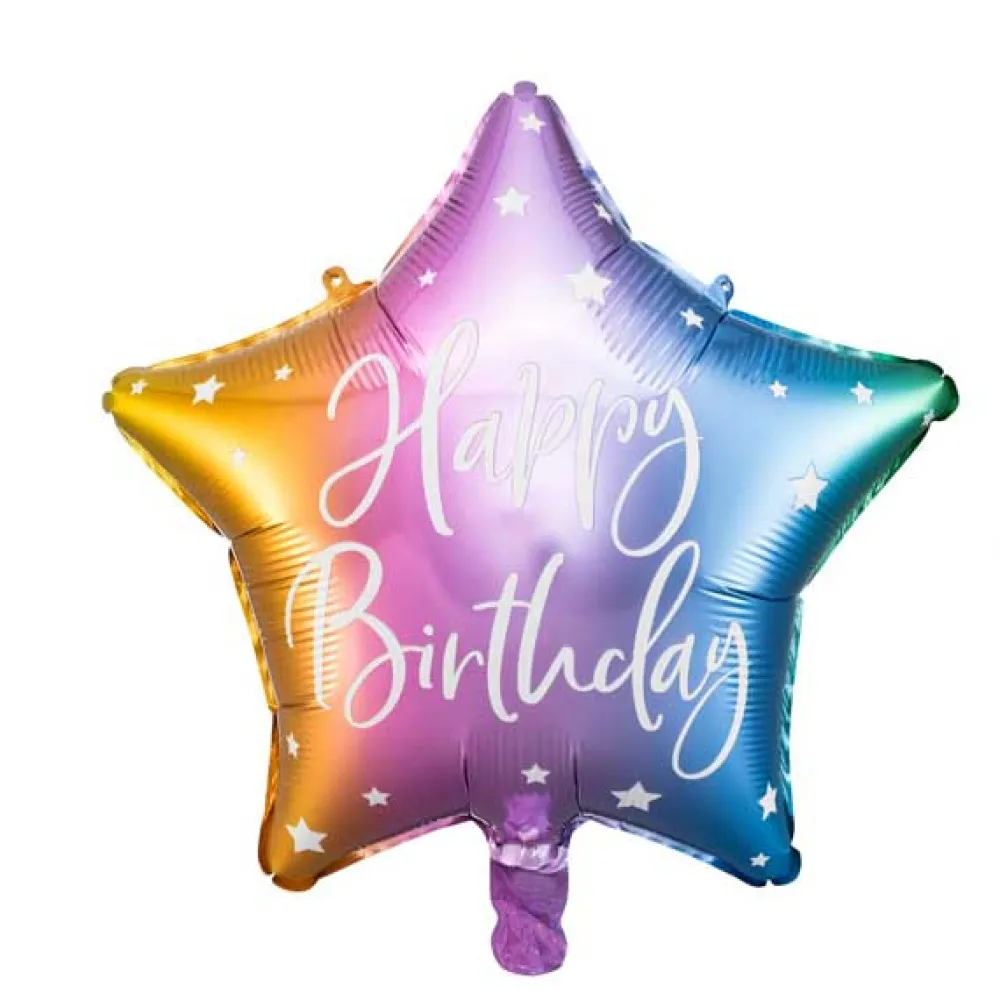 PartyDeco Balon foliowy Happy Birthday - gwiazdka, kolorowy, 40 cm > Balony Foliowe