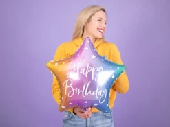 PartyDeco Balon foliowy Happy Birthday - gwiazdka, kolorowy, 40 cm > Balony Foliowe