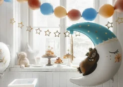 PartyDeco Balon foliowy, Miś na księżycu - niebieski, 80 x 98 cm