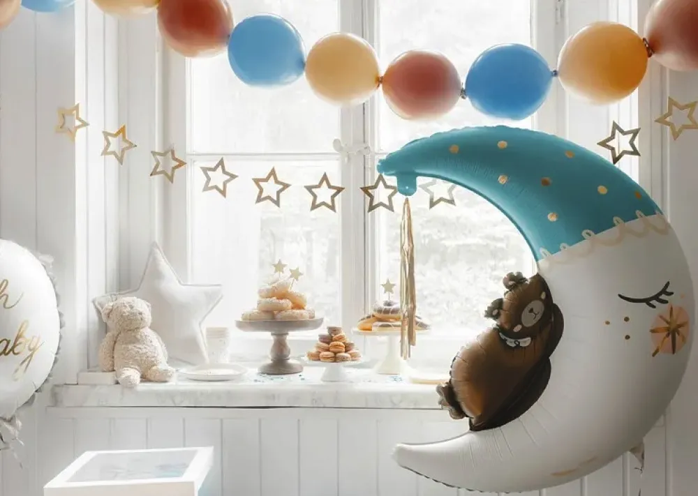 PartyDeco Balon foliowy, Miś na księżycu - niebieski, 80 x 98 cm