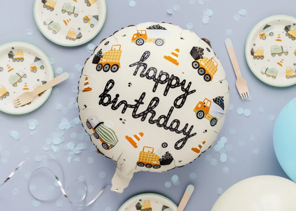 PartyDeco Balon foliowy urodzinowy, Pojazdy budowlane - 45 cm