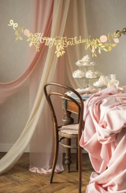 PartyDeco Baner Happy Birthday Kwiaty - złoty, 18,3 cm x 1,3 m