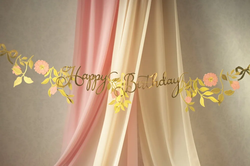 PartyDeco Baner Happy Birthday Kwiaty - złoty, 18,3 cm x 1,3 m