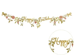 PartyDeco Baner Happy Birthday Kwiaty - złoty, 18,3 cm x 1,3 m