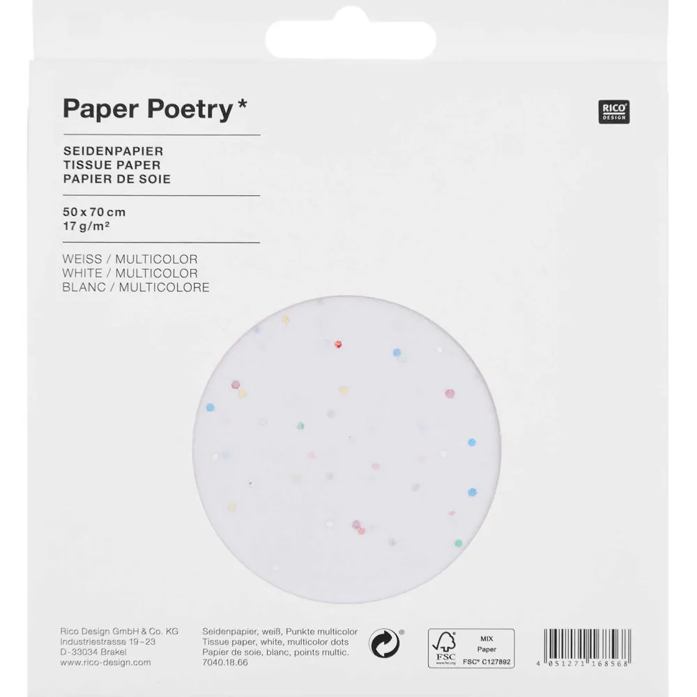 Rico Design Bibuła do pakowania prezentów - Paper Poetry - biała w kolorowe kropki, 5 szt.
