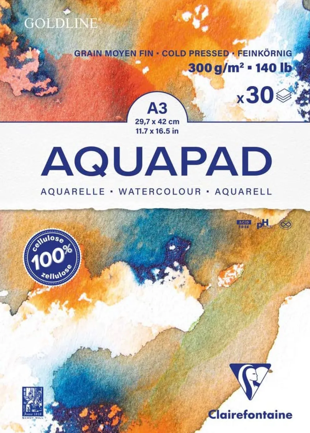 Clairefontaine Blok do akwareli Aquapad Watercolour - - cold pressed A3, 300 g 30 ark.