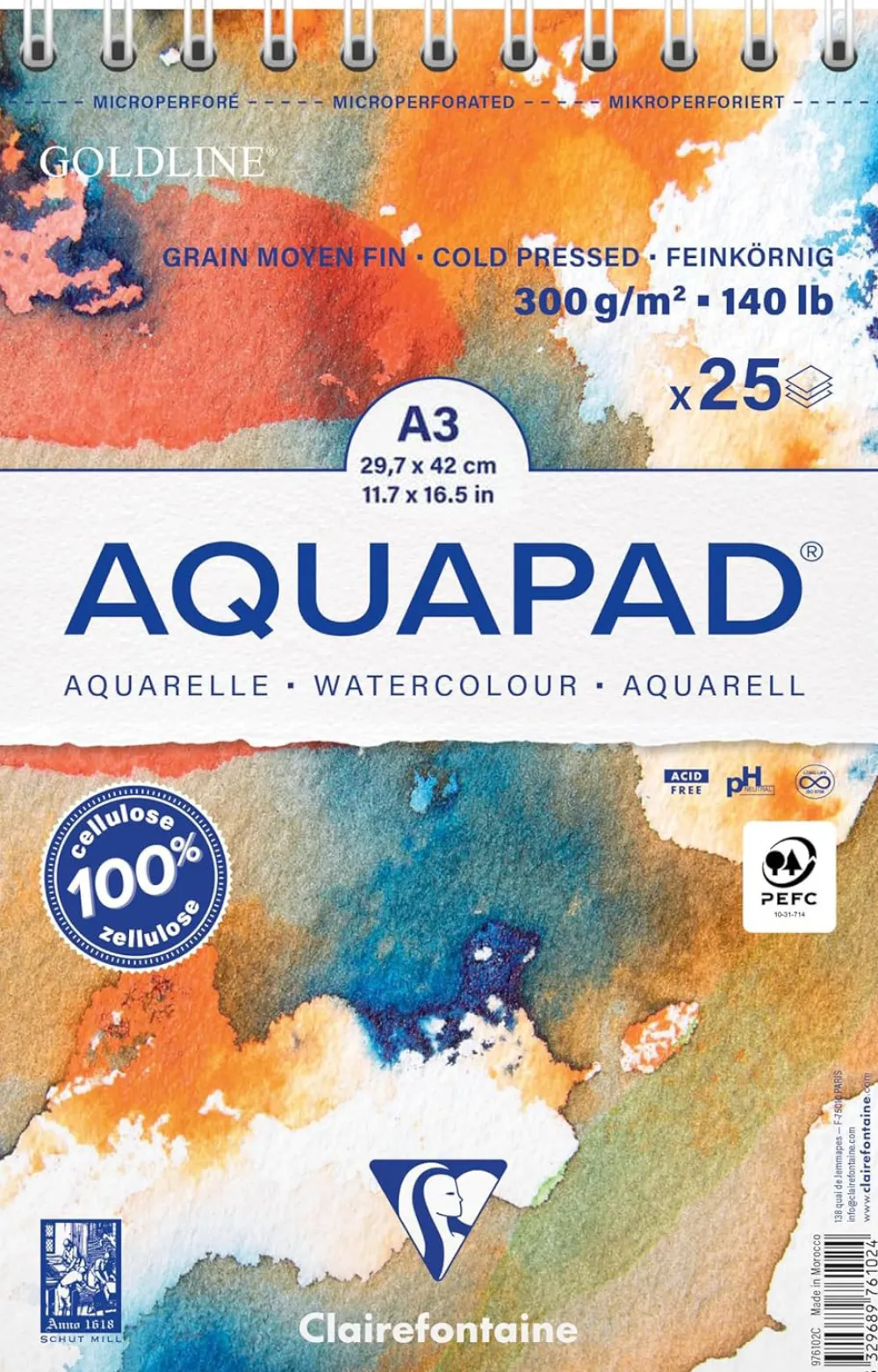 Clairefontaine Blok do akwareli na spirali Aquapad Watercolour - - A3, 300 g, 25 ark. > Papier Do Akwareli