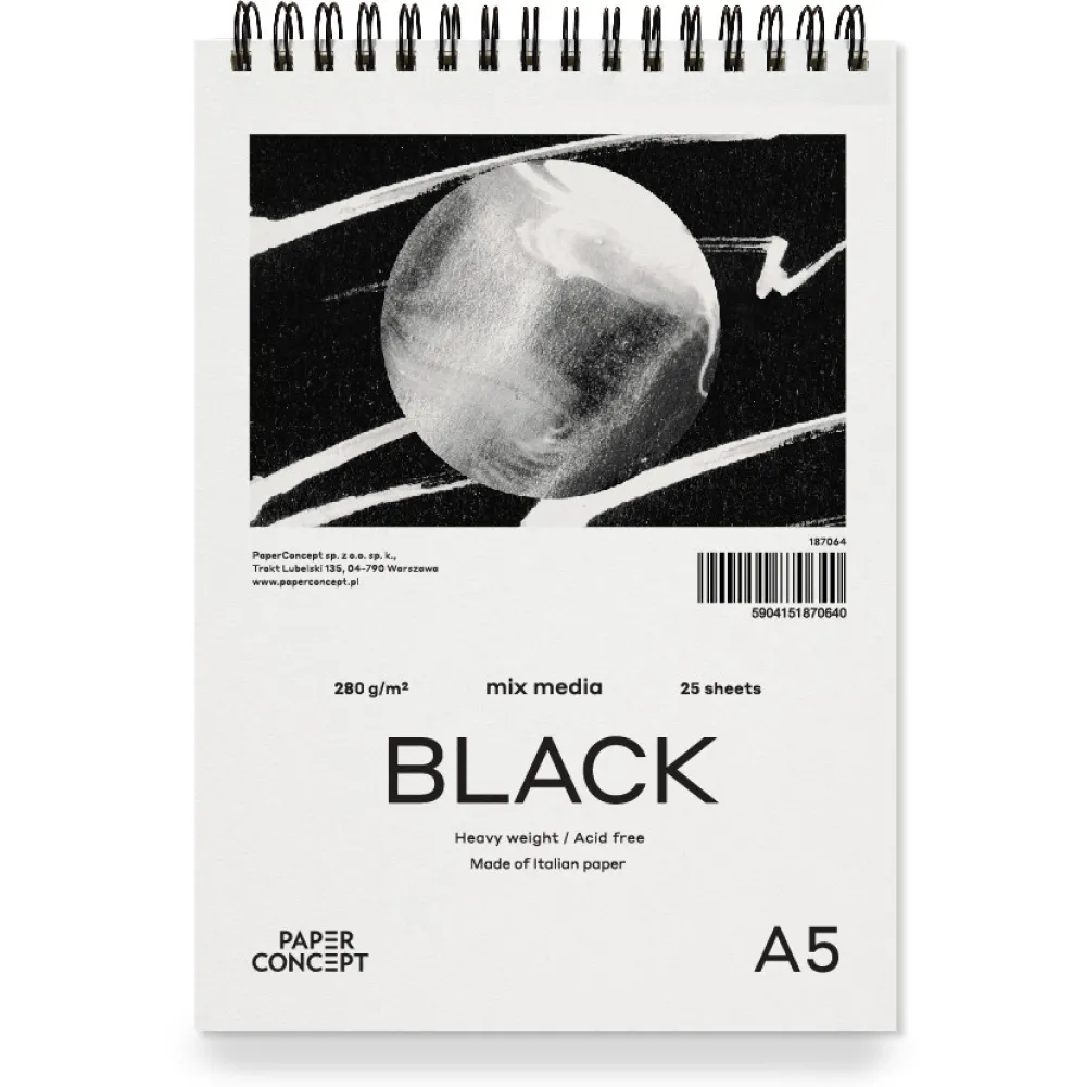 PaperConcept Blok uniwersalny Mix Media Black na spirali - - smooth A5 280 g 25 ark. > Papier Do Akwareli|Bloki Uniwersalne