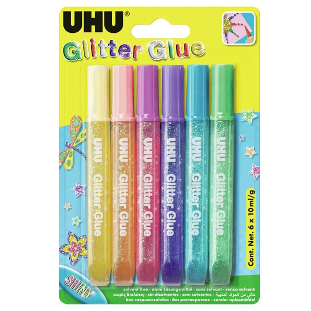 UHU Brokat w kleju Shiny - - 6 kolorów x 10 ml > Brokat Dekoracyjny