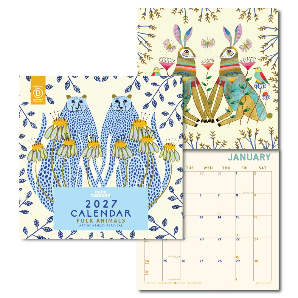 Good Tuesday Kalendarz ścienny 2027 - - Whimsical Folk Songbirds 30 × 30 cm > Kalendarze Wiszące