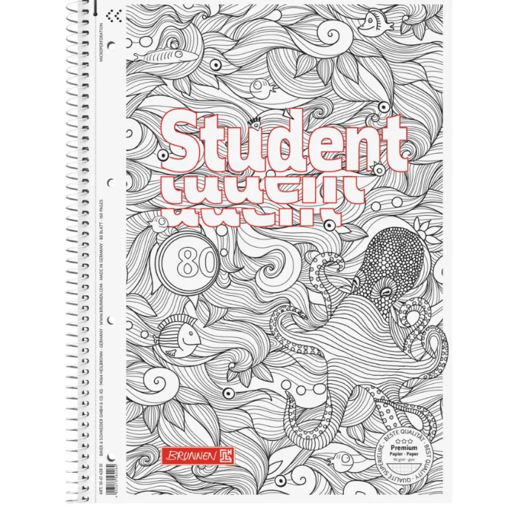 Brunnen Kołozeszyt w kratkę Student Ośmiornica A4 - - 90 g/m2 80 ark. > Notatniki W Kratkę