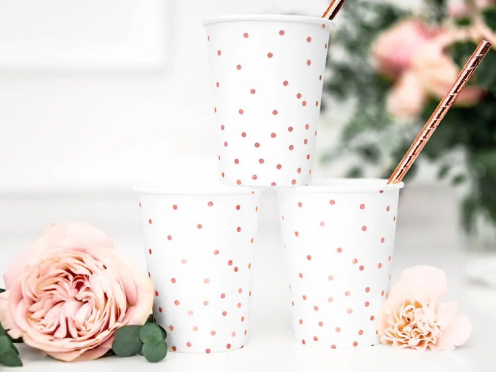 PartyDeco Kubeczki papierowe w różowe kropki - białe, 260 ml, 6 szt. > Kubeczki Papierowe