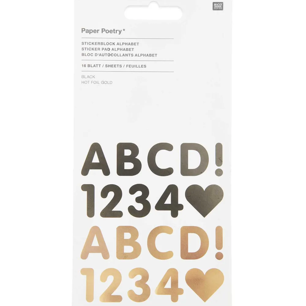 Rico Design Naklejki papierowe, Alfabet - Paper Poetry - Black & Gold, 16 arkuszy