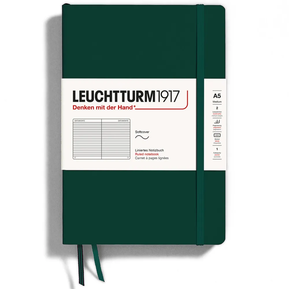 Leuchtturm1917 Notatnik A5 - - w linie, miękka okładka, Forest Green, 80 g/m2