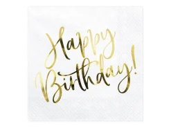PartyDeco Serwetki Happy Birthday - biało-złote, 33 x 33 cm, 20 szt. ><noscript><img width=