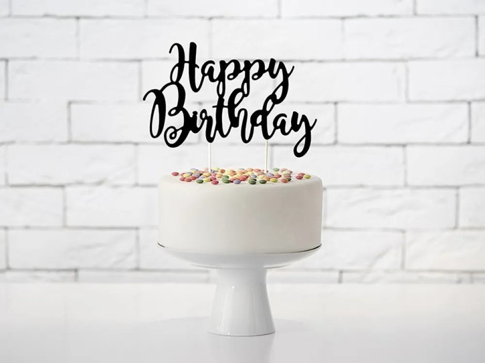 PartyDeco Topper na tort Happy Birthday - czarny