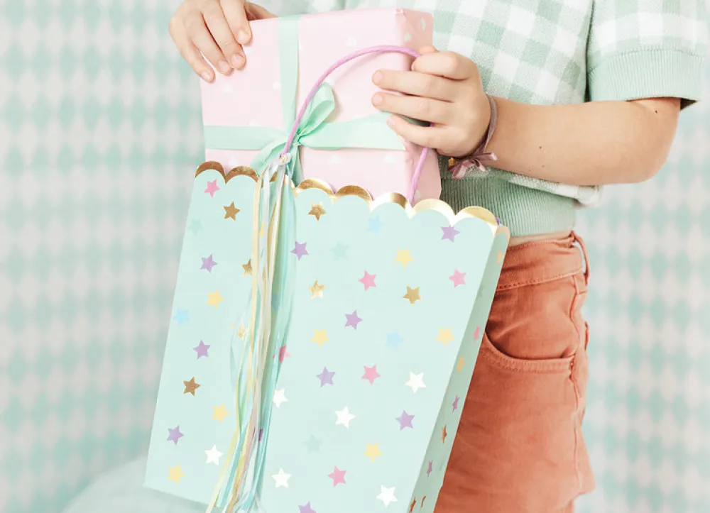 PartyDeco Torebka na prezenty, Gwiazdki - niebieska, 22 x 23 x 8 cm > Torby Papierowe
