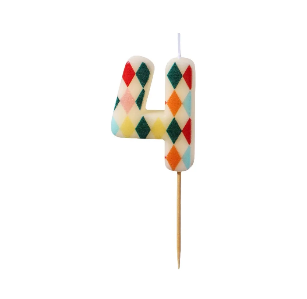 PartyDeco Świeczka urodzinowa cyferka 4 - kolorowe romby, 5,5 cm