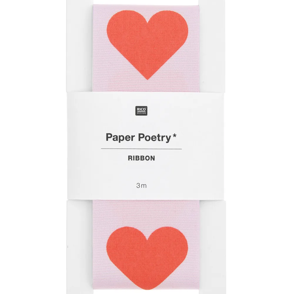 Rico Design Wstążka taftowa, Serca - Paper Poetry - różowa, 38 mm x 3 m
