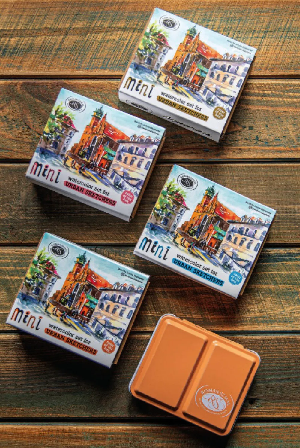 Roman Szmal Zestaw akwareli Aquarius w półkostkach Mini Urban Sketchers - - Pink, 8 kolorów > Farby Akwarelowe