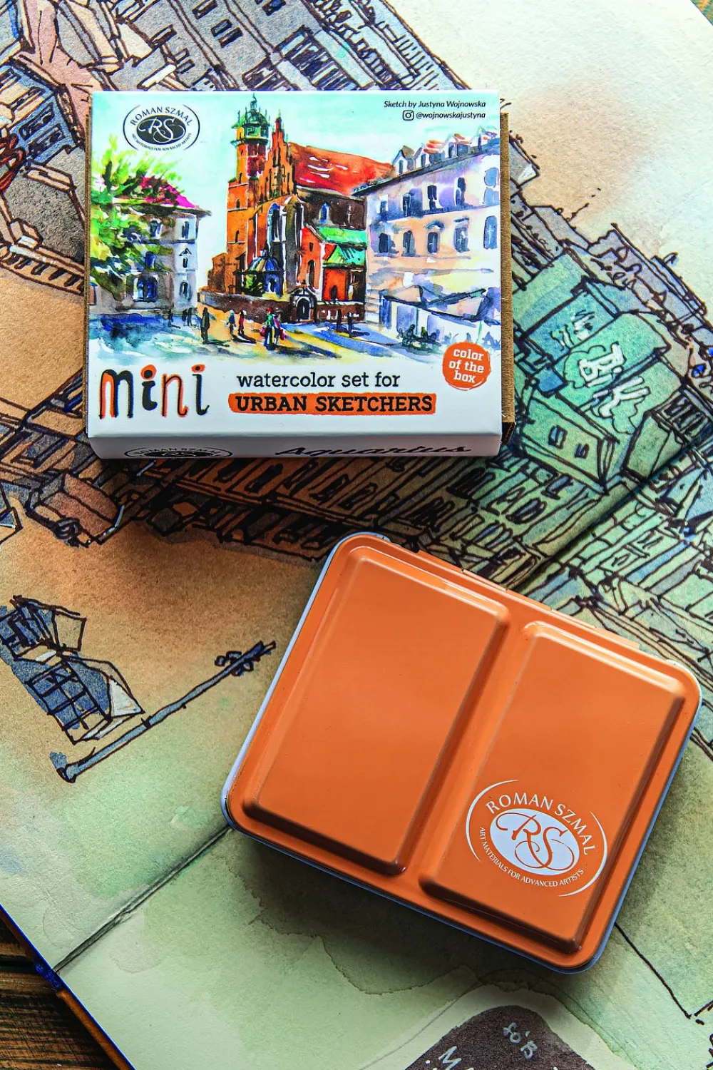 Roman Szmal Zestaw akwareli Aquarius w półkostkach Mini Urban Sketchers - - Gold, 8 kolorów