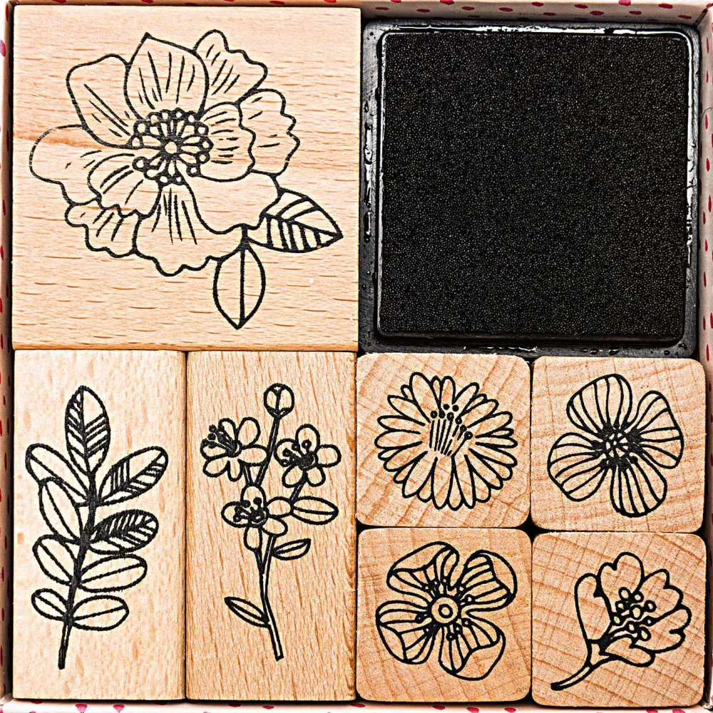 Rico Design Zestaw drewnianych stempli Hygge - Paper Poetry - kwiaty, 8 szt. > Tusze I Stemple