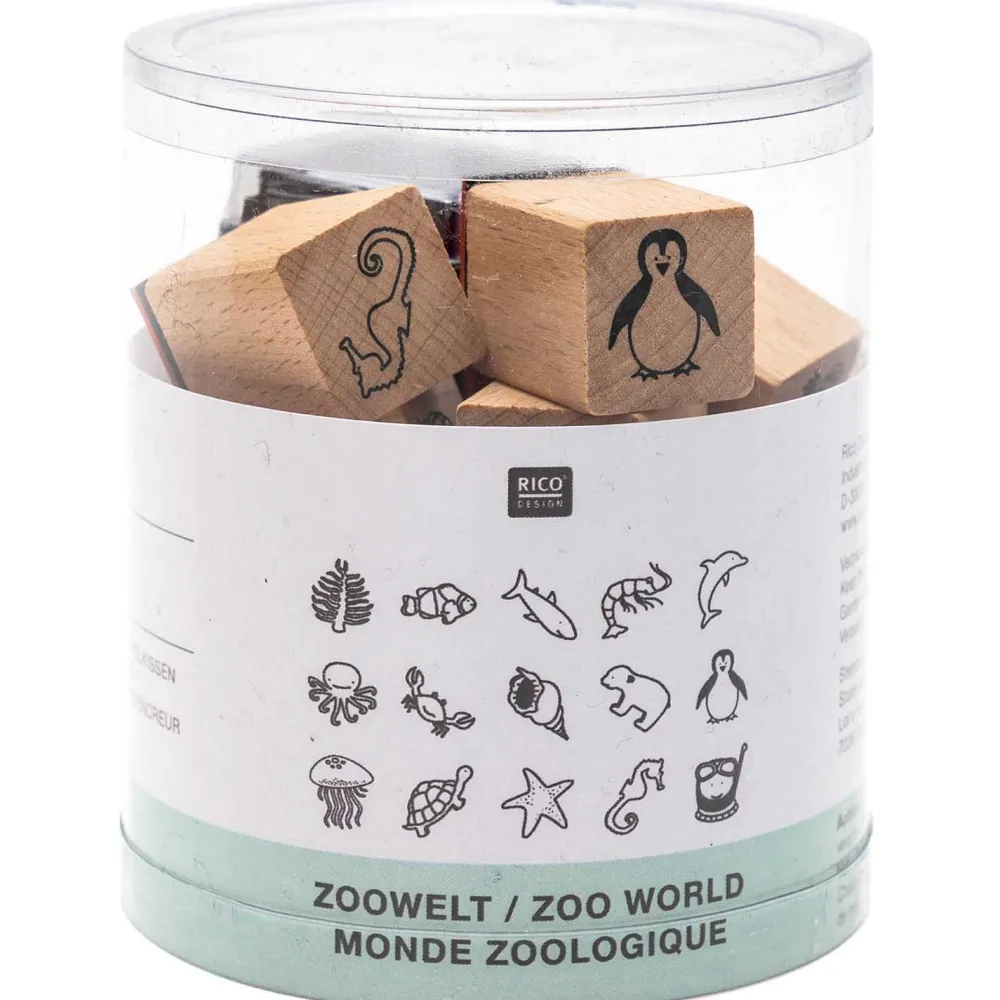 Rico Design Zestaw drewnianych stempli, Zoo World - - 15 szt. > Tusze I Stemple