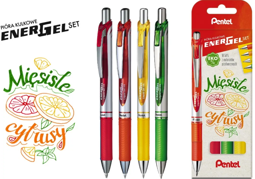 Pentel Zestaw piór kulkowych EnerGel - - Mięsiste Cytrusy, 0,7 mm, 4 szt.