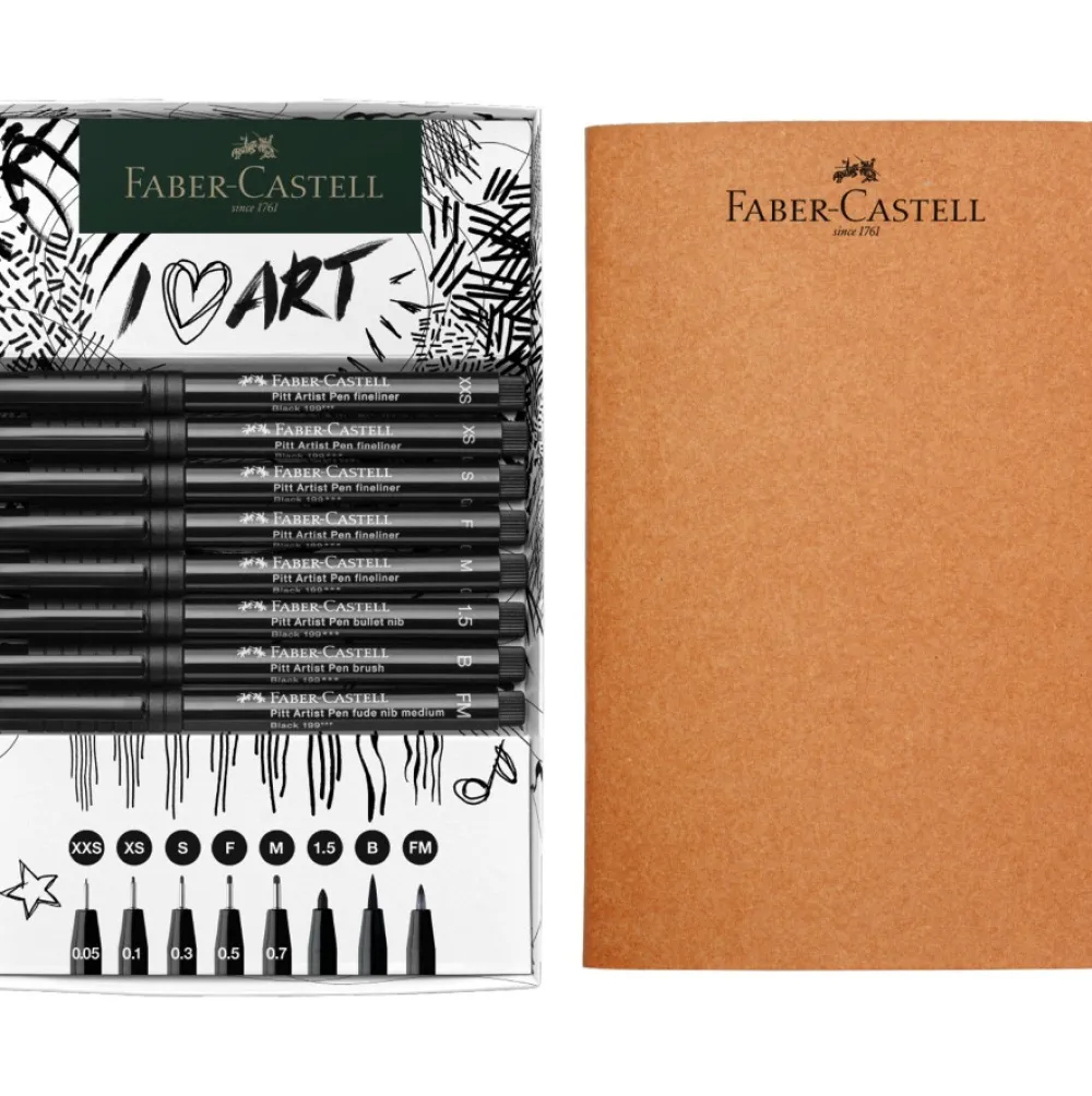 Faber-Castell Zestaw pisaków Pitt Artist Pen ze szkicownikiem - - 9 szt. > Zestawy Do Rysunku|Markery, Brushpeny I Pisaki