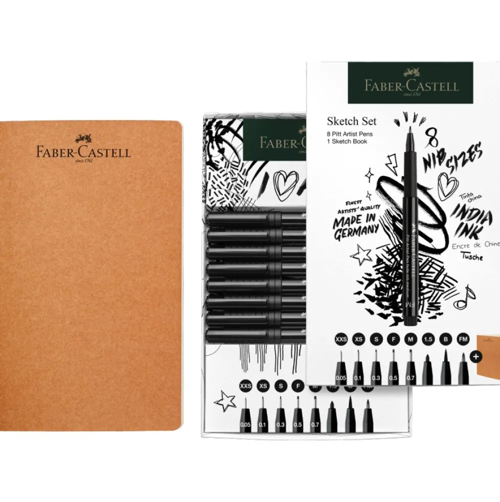 Faber-Castell Zestaw pisaków Pitt Artist Pen ze szkicownikiem - - 9 szt. > Zestawy Do Rysunku|Markery, Brushpeny I Pisaki