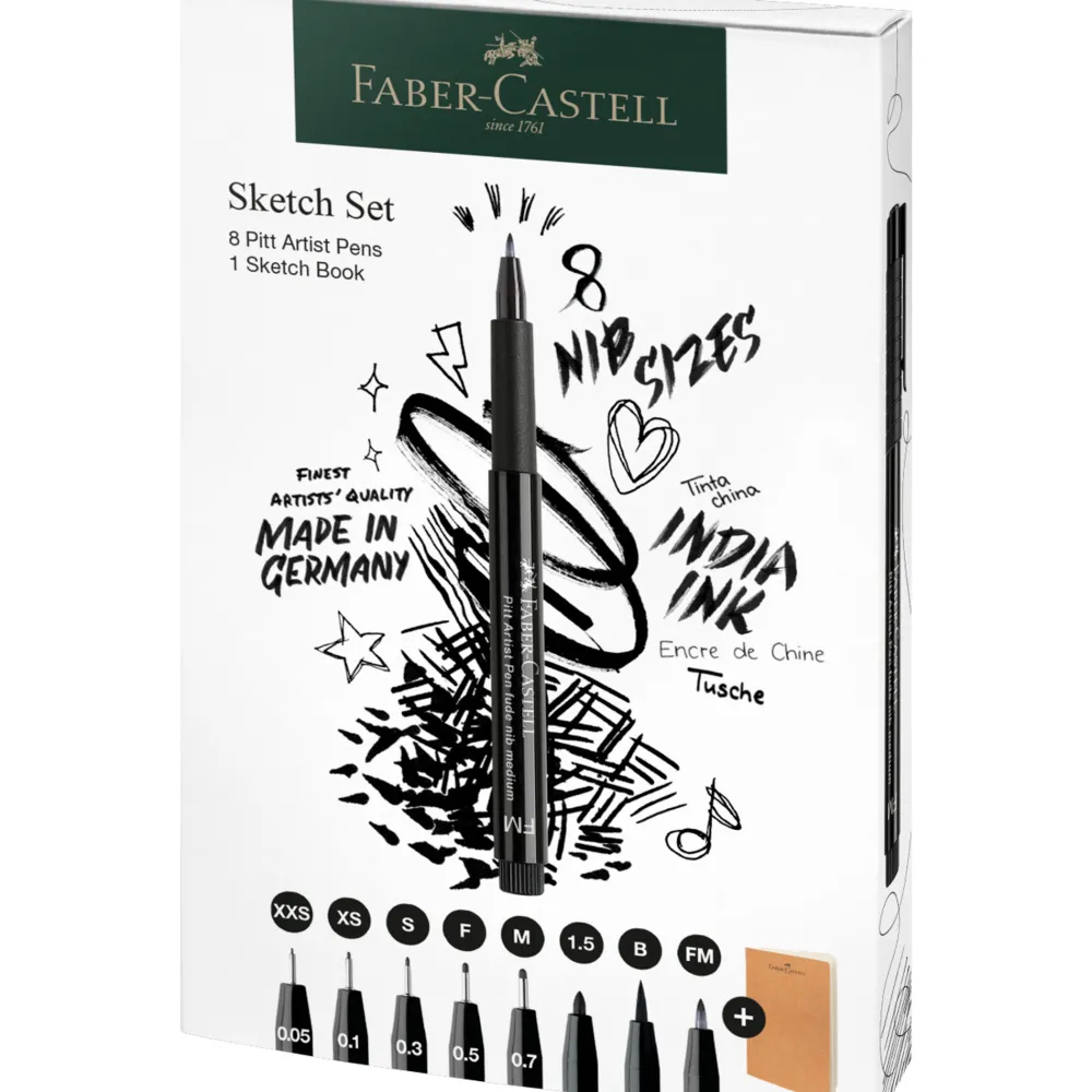 Faber-Castell Zestaw pisaków Pitt Artist Pen ze szkicownikiem - - 9 szt. > Zestawy Do Rysunku|Markery, Brushpeny I Pisaki
