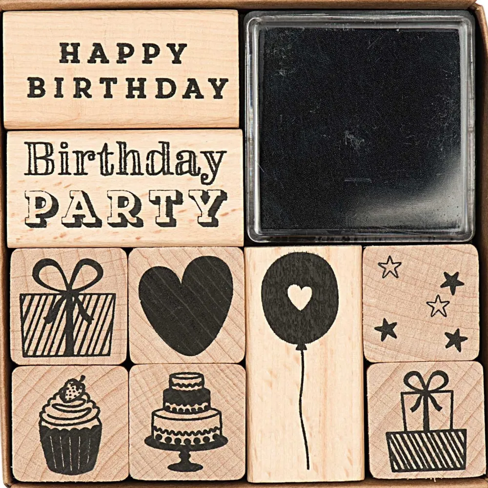 Rico Design Zestaw stempli drewnianych Birthday - Paper Poetry - 9 szt. > Tusze I Stemple