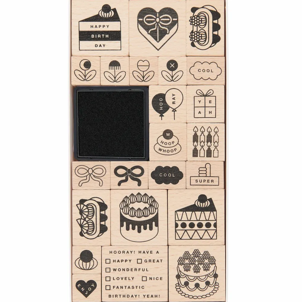 Rico Design Zestaw stempli drewnianych Happy Birthday - Paper Poetry - 24 szt.