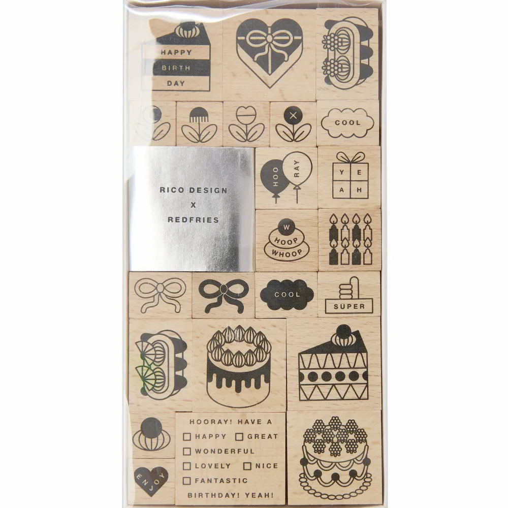 Rico Design Zestaw stempli drewnianych Happy Birthday - Paper Poetry - 24 szt.